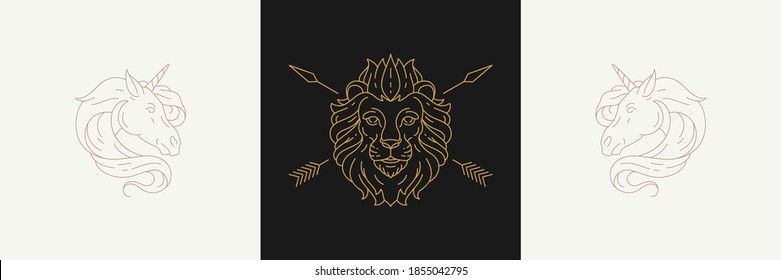 Magical heads of unicorns and lion with arrows in linear style vector illustrations set. Simple emblems in golden lines with fantasy animal heads symbols for mythical creature and magical concept.