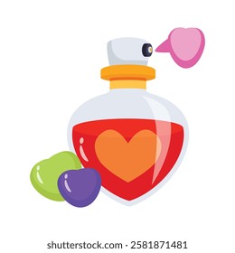 A magical heart shaped bottle filled with a love potion.