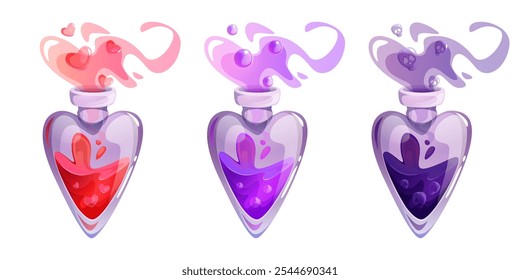 Botellas mágicas en forma de corazón con pociones encantadas en colores rosa, violeta y púrpura profundo. Humo místico de la historieta con el pequeño símbolo flotante del amor, el cráneo redondo y la burbuja escapa de los frascos de cristal.