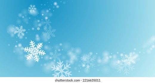 Magical heavy snow flakes backdrop. Snowstorm speck ice particles. Snowfall sky white teal blue wallpaper. Rime snowflakes february vector. Snow hurricane landscape.