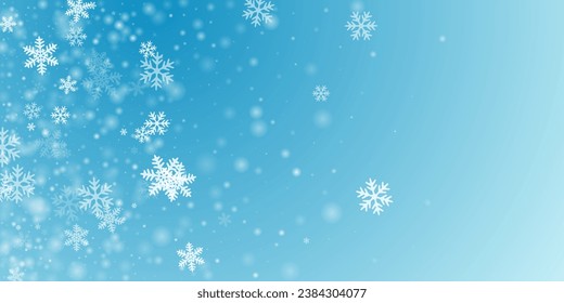 Magical heavy snow flakes backdrop. Winter speck freeze granules. Snowfall weather white teal blue wallpaper. Shimmering snowflakes february texture. Snow nature landscape.