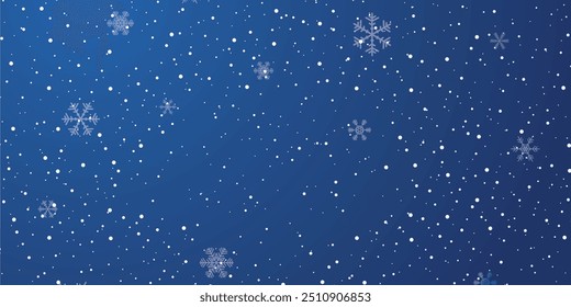 Magical heavy snow flakes backdrop. Snowstorm speck ice particles. Snowfall sky white teal blue wallpaper. Rime snowflakes february vector. Snow hurricane landscape, snowflakes on dark blue background