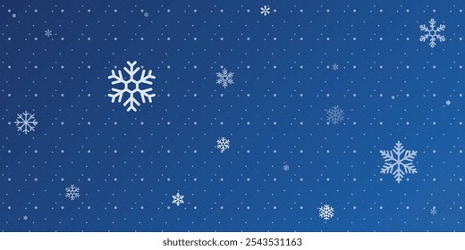 Magical heavy snow flakes backdrop. Snowstorm speck ice particles. Snowfall sky white teal blue wallpaper. Rime snowflakes. Snow hurricane landscape, snowflakes on dark blue