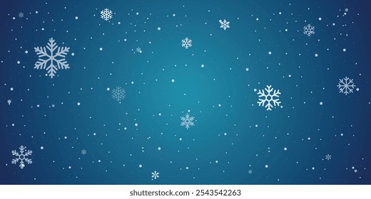 Magical heavy snow flakes backdrop. Snowstorm speck ice particles. Snowfall sky white teal blue wallpaper. Rime snowflakes. Snow hurricane landscape, snowflakes on dark blue