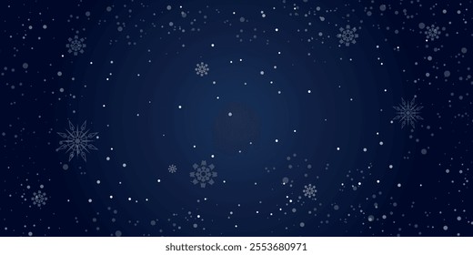 Magical heavy snow flakes backdrop on dark blue background. Beautiful nature fantasy snowfall. Snowfall sky white teal blue wallpaper. Vector illustration.