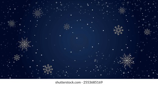 Magical heavy snow flakes backdrop on dark blue background. Beautiful nature fantasy snowfall. Snowfall sky white teal blue wallpaper. Vector illustration.