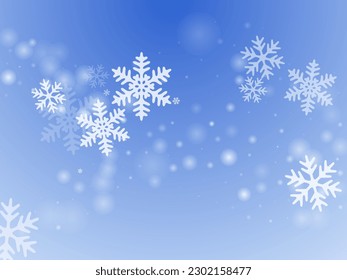 Composición mágica de copos de nieve pesada. La tormenta de nieve paraliza los elementos congelados. El clima de nieve con fondo azul blanco. Vibrante bola de nieve vectorial de navidad. Paisaje de la estación fría de nieve.