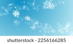Magical heavy snow flakes illustration. Snowfall dust ice granules. Snowfall sky white teal blue pattern. Bokeh snowflakes new year vector. Snow nature landscape.