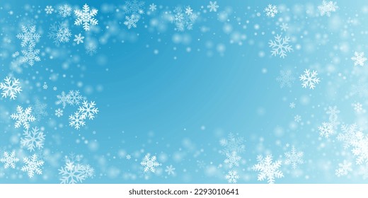 Magical heavy snowflakes backdrop. Winter fleck frozen shapes. Snowfall sky white teal blue pattern. Shimmering snowflakes january texture. Snow nature scenery.