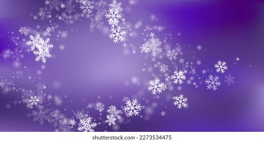 Magisches Schneeflocken-Muster. Winterstaub, kristalline Teilchen. Schneefall, weißer violetter Hintergrund. Lebhafte Schneeflocken im Dezember Vektorgrafik. Schneelandschaft.