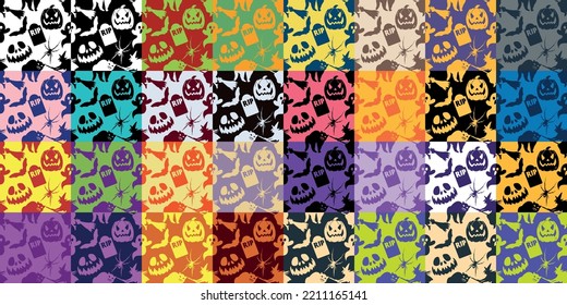 A magical holiday pattern with a Halloween theme. Witch on broom, grave, bat, cat, ghost, ugly themed pumpkin head, creepy smile. Background or texture in vector. Doodle MEGA COLOR SET. 32 IN 1