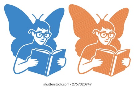 Magical human character silhouette, library fantasy theme, literary art, student icon set