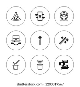 Magical icon set. collection of 9 outline magical icons with magic trick, magic wand, magic, magician, seer, wand icons. editable icons.