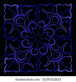Magical illusion ornament. Blue gradient mandala on black background. Lace of delicate swirl. Monochrome dark blue design Traditional vintage design element