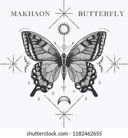 Magical illustration butterfly swallowtail sketch with shapes. Tattoo design vector illustration.