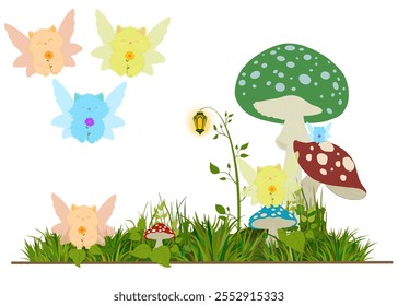 A magical illustration of a vibrant forest scene featuring playful fairies with delicate wings, nestled among colorful mushrooms and lush grass. 