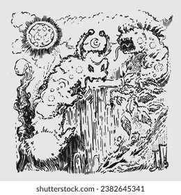 Magical illustration with worms and caterpillars. Hand drawn graphic design. Doodling and sketching.