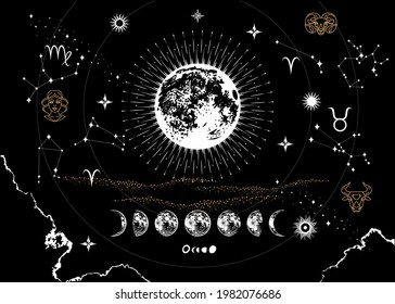 A magical image of the moon, sky and constellations against the background of outer space. Graphic hand drawing full moon, vector illustration