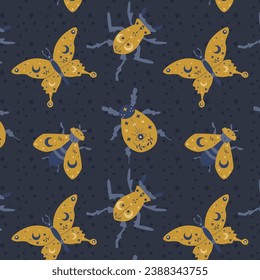 magical insect on dark backdrop - seamless pattern