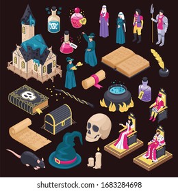Magical isometric icons set of magic book skull magic hat wizard hag isolated on black background vector illustration