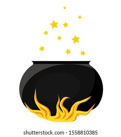 A magical item. A pot of boiling magic potion. The cauldron is on fire.