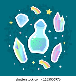 Magical items - crystal, potion bottle and gems vector illustration.