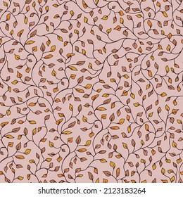 Magical ivy plant vector seamless pattern. Faded autumn colours small leaves on branches background. Decorative fall climber print.