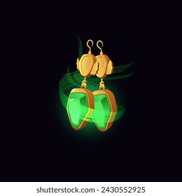 Magical jewelry. 3D vector illustration of gold earrings with a shining green gemstone. Game magic design element on the theme of witchcraft, on an isolated black background.