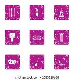 Magical journey icons set. Grunge set of 9 magical journey vector icons for web isolated on white background