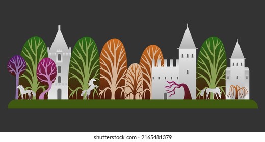A magical land with unicorns and castles. Beautiful clipart for design. Vector illustration. A fantastic fabulous place.