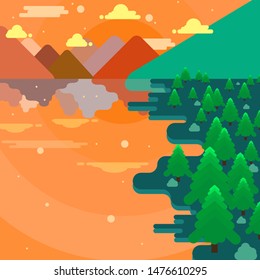 magical landscape mountain with lakes and pine trees at sunset