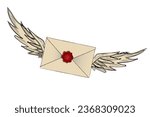 Magical letter invitation with wings. Magic post flat concept . vector	