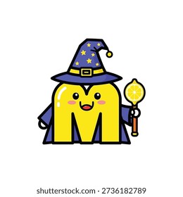 Magical Letter M Wizard with Wand, Fantasy, Cartoon Style, Education
