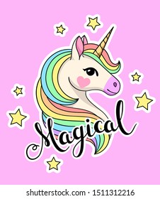 Magical lettering. Cute unicorn with rainbow mane on pink background