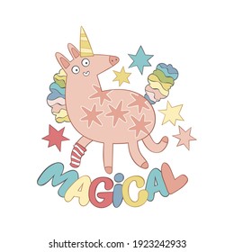 Magical. Lettering. Funny cartoon unicorn. Magic doodle animal. Isolated vector object on white background. Hearts. Card. 
