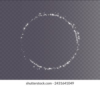 Magical light circle from holiday glitter white dust png. Festive abstract abstract circular frame with light effect. Light circle for your ads, invitations, games, holiday words, stores, websites.