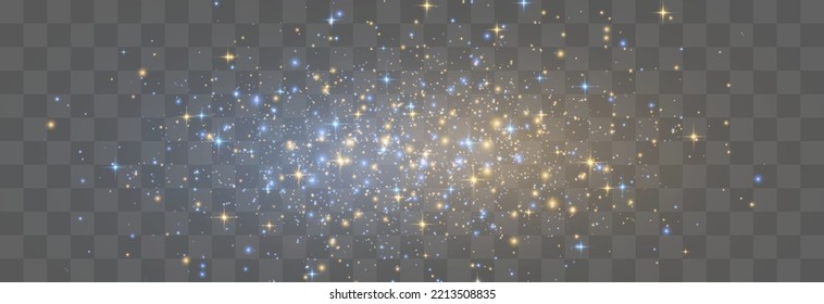 Magical light dust, dusty shine. Flying particles of light. Christmas light effect. Sparkling particles of fairy dust glow in the dark. Vector illustration on png.