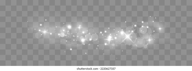 Magical light dust, dusty shine. Flying particles of light. Christmas light effect. Sparkling particles of fairy dust glow in transparent background. Vector illustration on png.