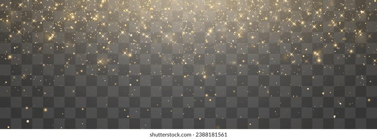 Magical light dust, dusty shine. Flying particles of light. Christmas light effect. Sparkling particles of fairy dust glow in transparent background. Vector illustration on png.