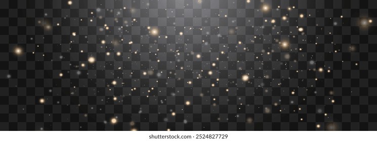 Magical light dust, dusty shine. Flying particles of light. Christmas light effect. Sparkling particles of fairy dust glow in transparent background. Vector illustration on png.