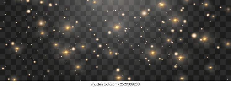 Magical light dust, dusty shine. Flying particles of light. Christmas light effect. Sparkling particles of fairy dust glow in transparent background. Vector illustration isolated on png