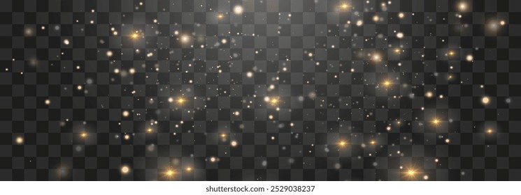 Magical light dust, dusty shine. Flying particles of light. Christmas light effect. Sparkling particles of fairy dust glow in transparent background. Vector illustration isolated on png