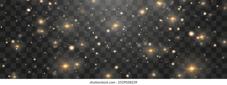 Magical light dust, dusty shine. Flying particles of light. Christmas light effect. Sparkling particles of fairy dust glow in transparent background. Vector illustration isolated on png