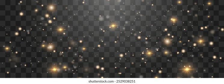 Magical light dust, dusty shine. Flying particles of light. Christmas light effect. Sparkling particles of fairy dust glow in transparent background. Vector illustration isolated on png