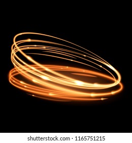 Magical light effect. Rotating luminous ellipses. Dynamic golden rings on black background