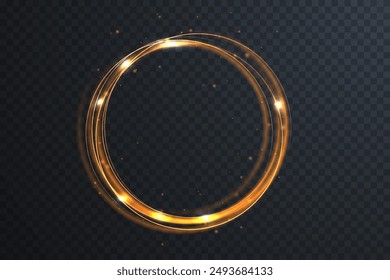 Efecto de luz mágica. Elipses luminosas giratorias. Anillos de oro dinámicos sobre fondo negro.