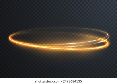 Magical light effect. Rotating luminous ellipses. Dynamic golden rings on black background.