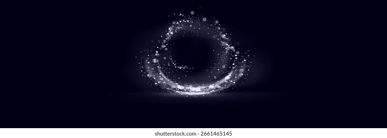 Efeito de luz mágica. Elipses luminosas giratórias. Anéis dourados dinâmicos em fundo preto.