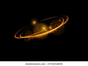 Efeito de luz mágica. Elipses luminosas giratórias. Anéis dourados dinâmicos em fundo preto.