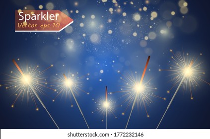 Magical light. Sparkler. Candle sparkling on the background. Realistic vector light effect. Winter, seasonal christmas decoration illustration.